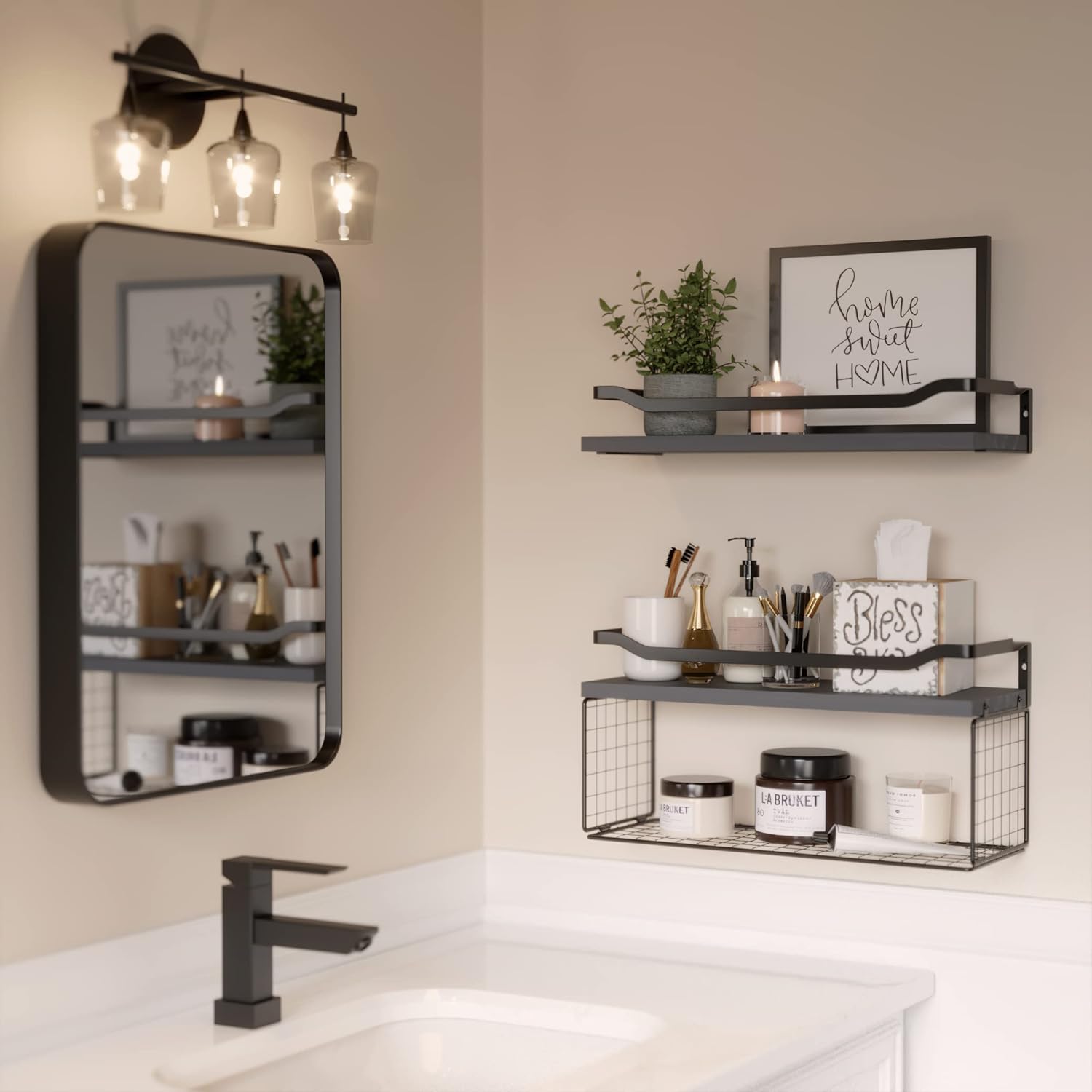 Floating Shelves with Wire Storage Basket, Bathroom Shelves, Wall Shelves Floating Shelves with Wire Storage Basket, Bathroom Shelves, Wall Shelves